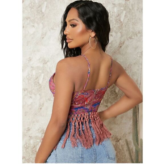 Shein Bohemian Paisley Floral Print Zipper Back Fringe Hem Cami Top L - Picture 2 of 6
